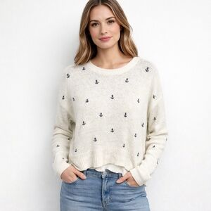 Moon & Madison Womens White Nautical Knit Sweater Navy Anchors Size M Coastal